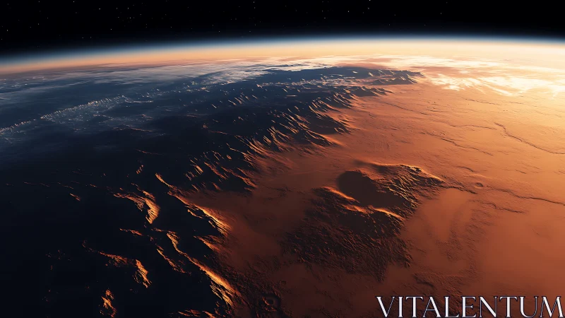 Martian horizon with sunlit craters and rugged terrain.