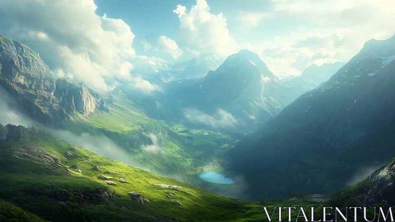 Sunlit alpine valley with misty mountains and lake panorama.