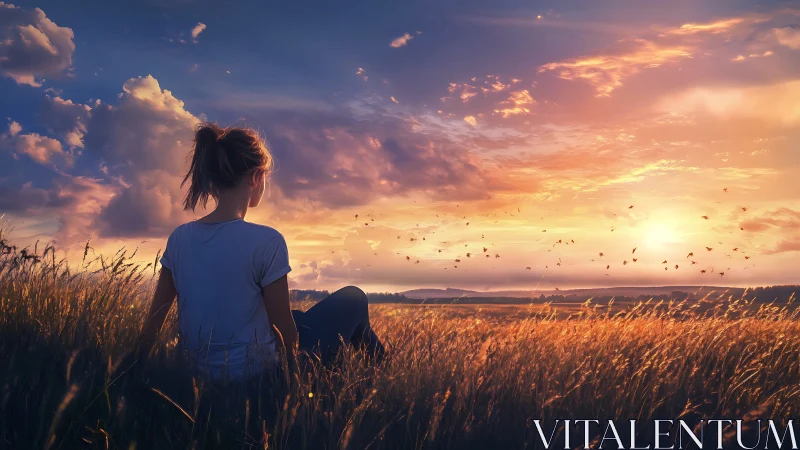 Woman in tall grass watches a glowing, painted sunset sky.