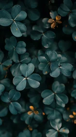 Dark teal clover leaves surround small golden accents in focus
