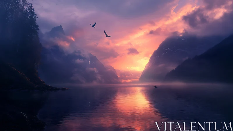 Mountain lake reflects vivid sunset sky behind misty peaks