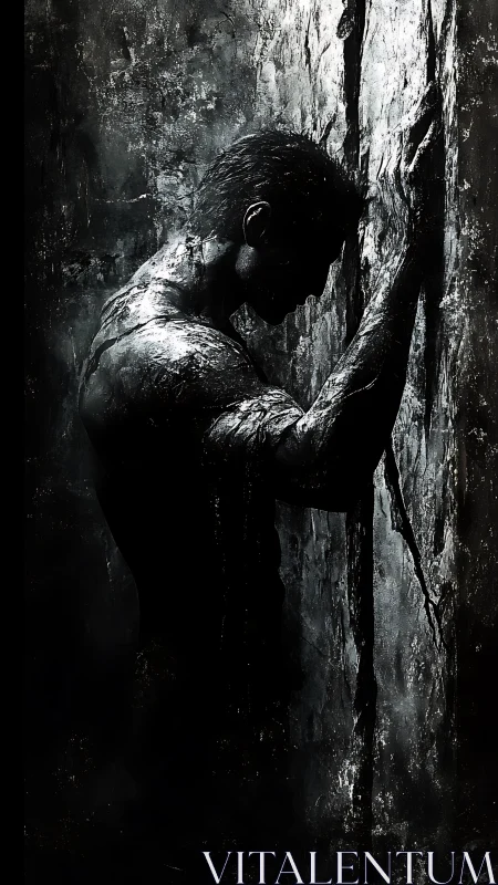 Male figure in profile leaning against textured vertical wall.