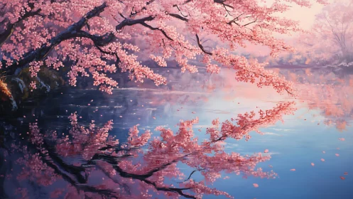 Blossoming cherry branches lean down to paint the lake