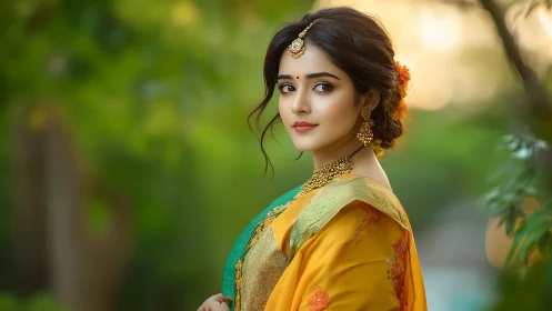 Portrait of woman in sari with shallow depth and warm bokeh