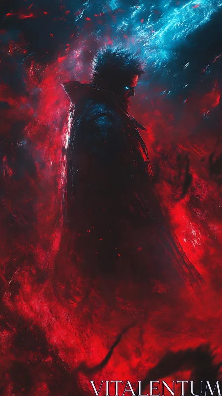 Solitary figure in red and blue abstract energy field.