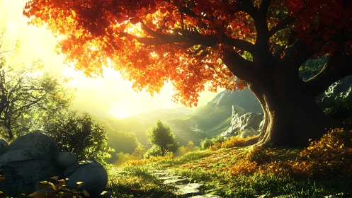 Radiant volumetric sunrise under scarlet deciduous canopy.