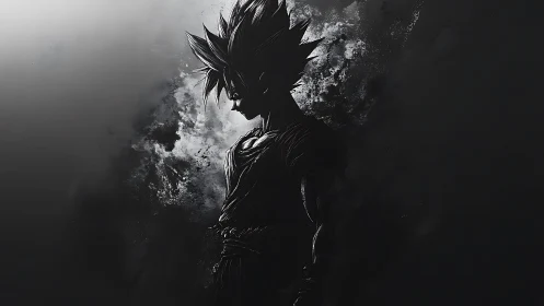 Shadowline warrior silhouette in monochrome particle bloom.