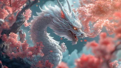 White dragon coils through ethereal cherry blossoms in bloom.