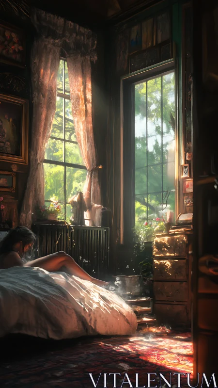 Morning volumetric light washes across cluttered vintage bedroom