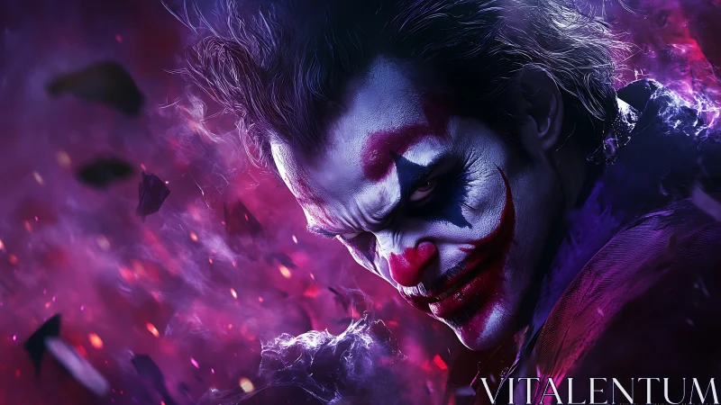 Sinister clown in violet chaos storms the cinematic night.