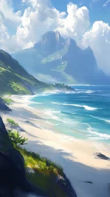 Coastal Mountain Landscape with Sandy Beach and Sheer Cliffsides