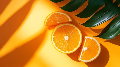 Orange slices and leaf arranged on vivid yellow background