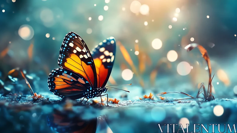 Butterfly rests on wet ground under soft glowing bokeh lights