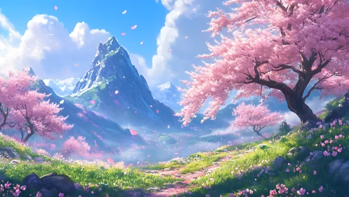 Spring blossoms drift around a tranquil fantasy mountain valley