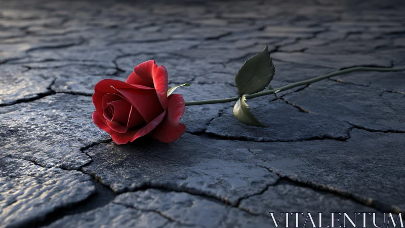Single red rose on cracked stone ground at twilight.