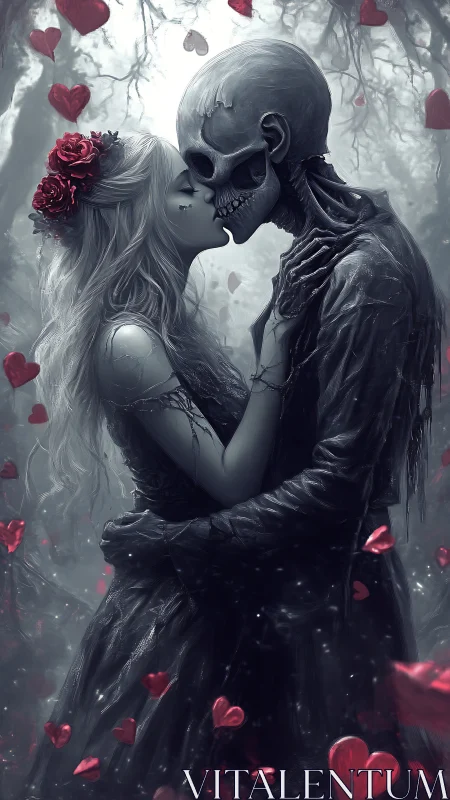 Skeletal Figure and Woman in Monochromatic Romantic Composition