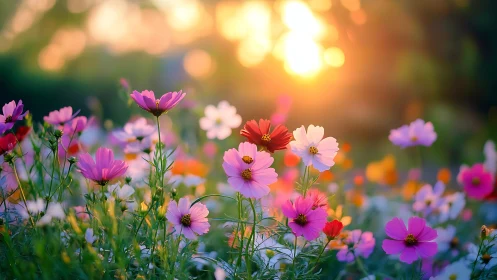 Vibrant Cosmos Flowers Dancing in Golden Sunset Light.