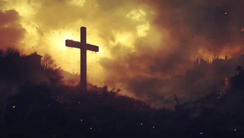 Lone hilltop cross under burning golden storm sky.