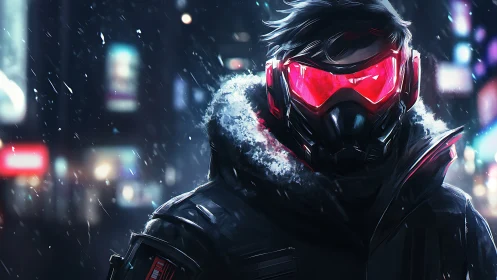 Snow-dusted cyberpunk wanderer stands in neon winter night