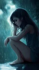 Quiet rain-soaked moment holds a girl in gentle reflection