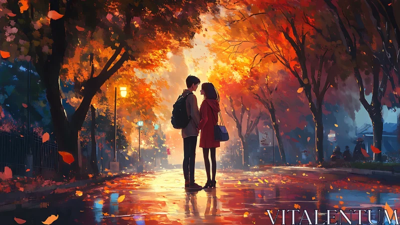 Couple Meeting Beneath Glowing Autumn Trees.