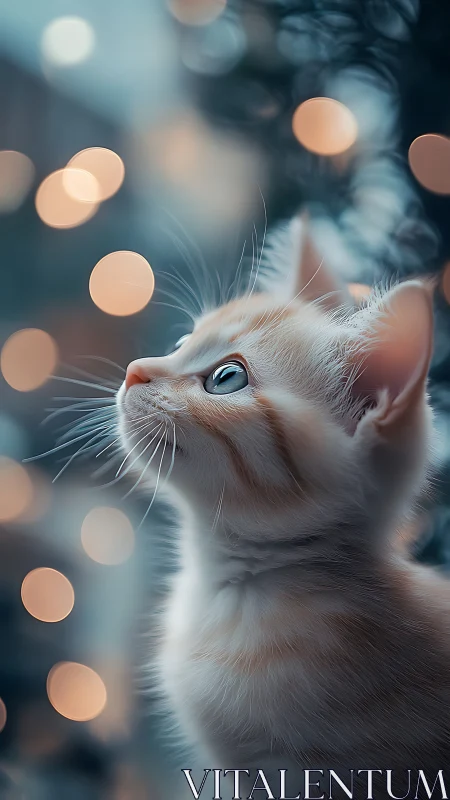 A Serene White Cat Gazes Upward Among Dreamy Bokeh Lights
