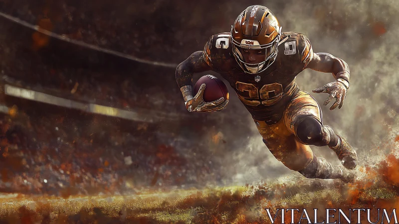 Kinetically charged football runner in particulate stadium storm.