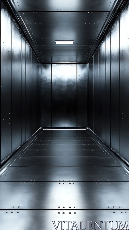 Symmetric metallic service corridor with riveted steel plates.