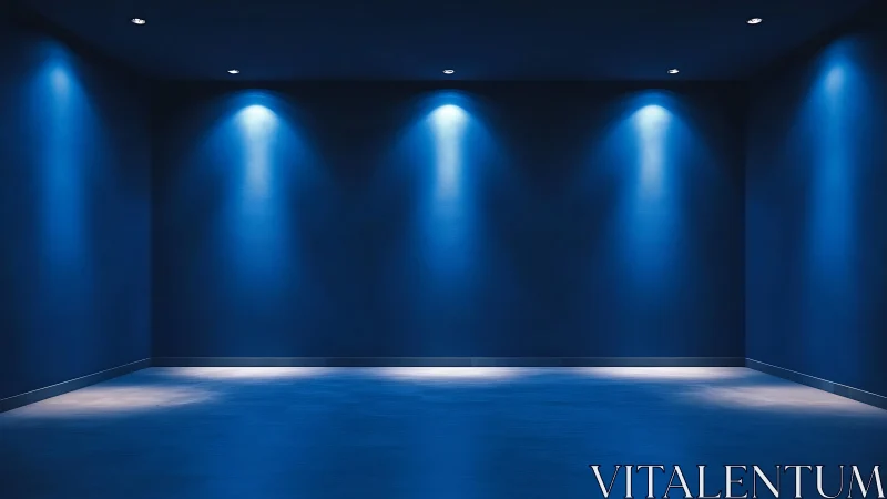 Blue gallery interior uses directional spotlights to sculpt space