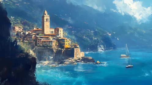 Sunlit seaside village rising gently above turquoise bays.