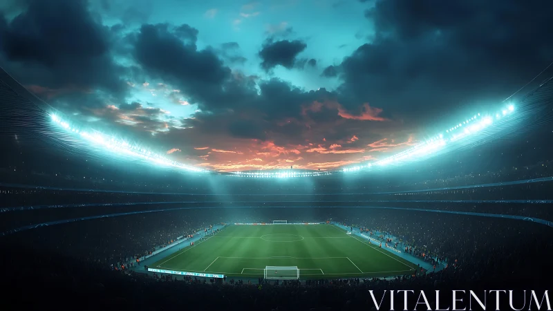 Floodlit modern football stadium at dusk with dramatic sky