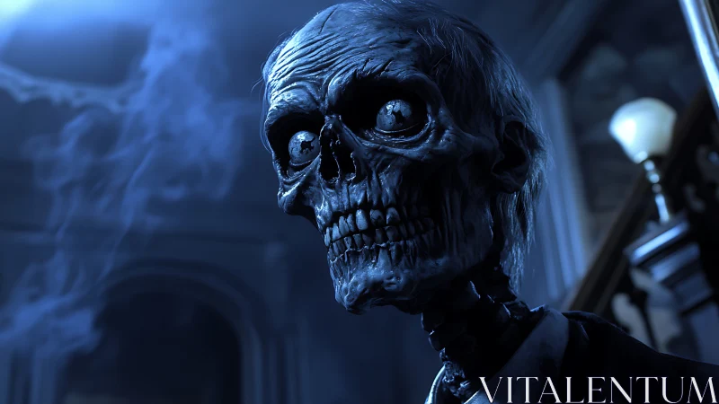 Emaciated skeletal figure in eerie blue lit interior scene.