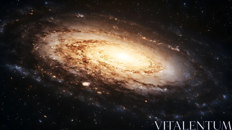 Spiral galaxy rendered with luminous core and dense dust lanes