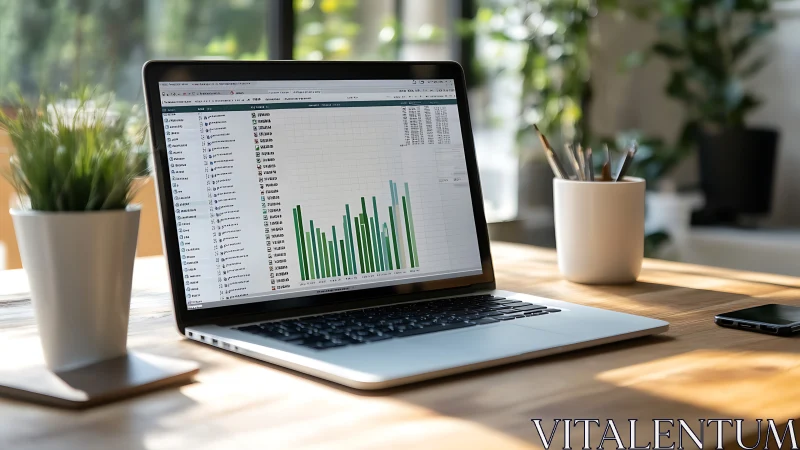 Sunlit laptop turns spreadsheet charts into office skyline.