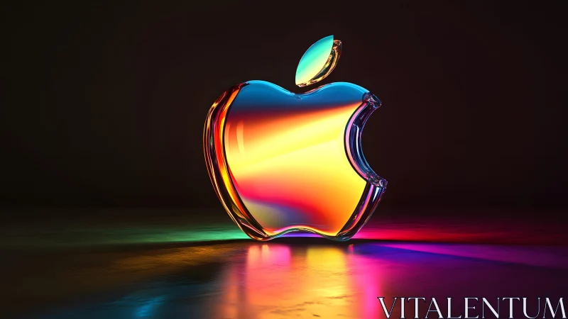 Vibrant glass apple logo with glowing neon reflections, modern style.