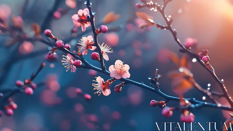 Gentle cherry blossoms glow softly in warm evening light
