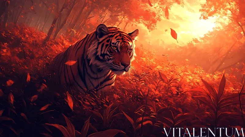 Tiger steps through dense orange forest under bright sunset