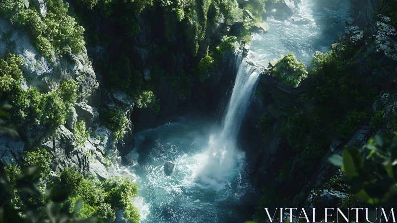 Verdant canyon waterfall plunging into misty blue pool.