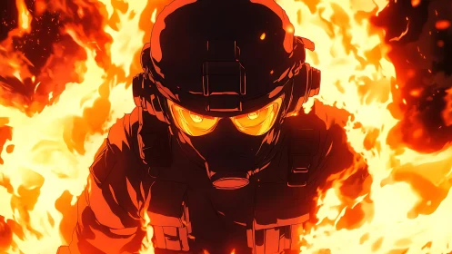 Blazing armored soldier strides forward through roaring flames