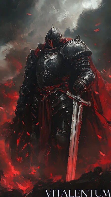Black armored warlord in crimson-lit volcanic battlefield.