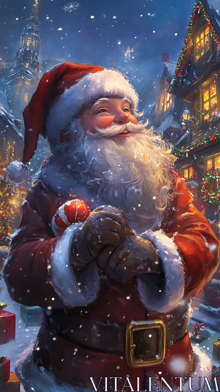 Santa Claus smiles warmly in a snowy festive village street.