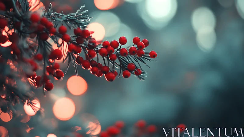 Crimson winter berries glow against dreamy teal bokeh haze.
