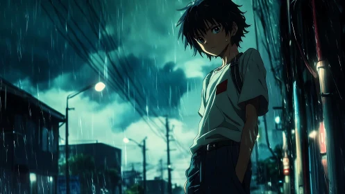 Brooding anime teen standing in neon city rainstorm.