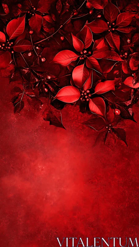 Red botanical foliage border on textured crimson background