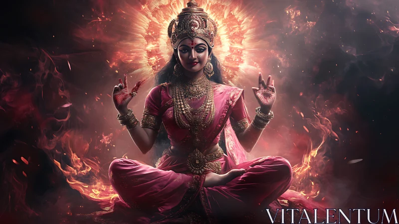 Hindu goddess figure in fiery lotus pose digital artwork.