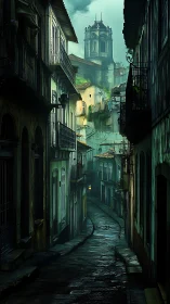 Narrow wet alley leads toward distant old stone bell tower