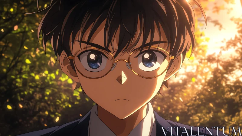 Serious boy with glasses stands outdoors in warm sunset light
