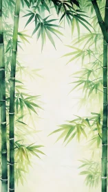 Vertical bamboo stalks with soft green foliage framing space.