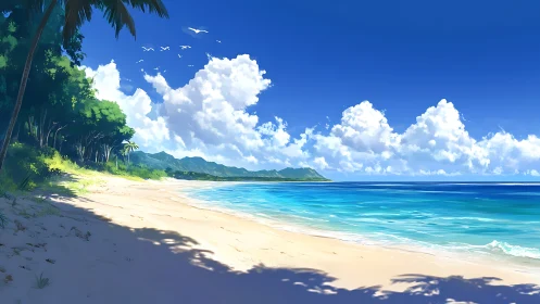 Tropical Paradise Beach with Turquoise Waters and Mountain Vista.