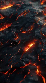 Molten lava flow surface with incandescent cracks and cooling ash